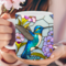 Nature-themed personalized coffee cup. Handcrafted hummingbird from Michigan. Close-up of personalized faux stained glass hummingbird mug.